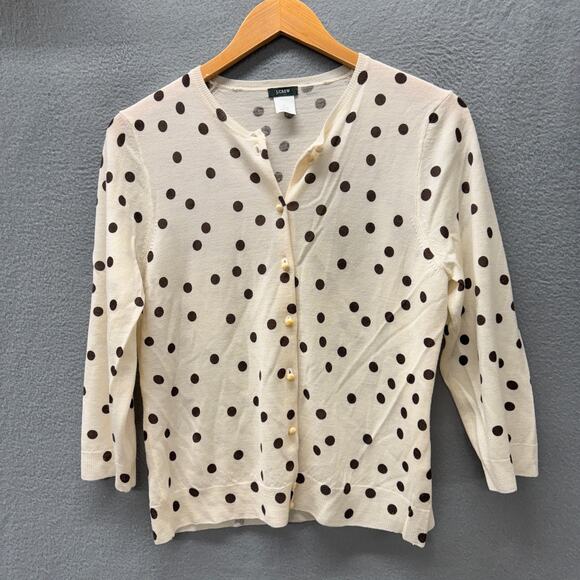 J Crew Cardigan Womens Large Wool Cream Brown Polka Dot Sweater 3/4 Sleeve Knit - Picture 1 of 6